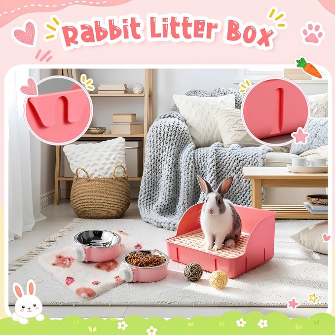 Reallnaive 15 Pcs Rabbit Starter Kit Small Rabbit Litter Box Girls Gift Animal Grooming Kit Bunny Toys Bowl Blankets with Cleaning Set for Guinea Pig Accessories (Bright Pink‌)