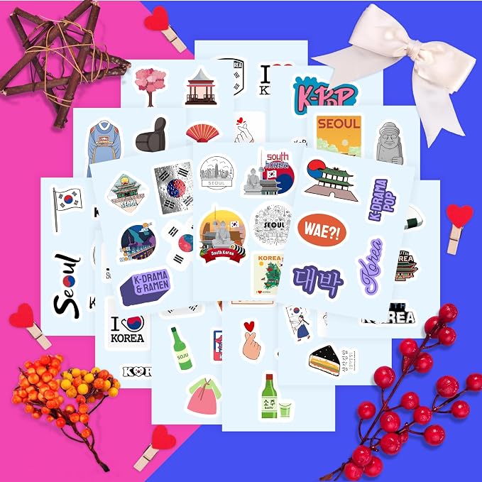 South Korea Stickers, Korean Stickers for Water Bottle & Laptop - South Korea Party Supplies & Decorations, Waterproof Vinyl Decals, Gifts for Women & Men