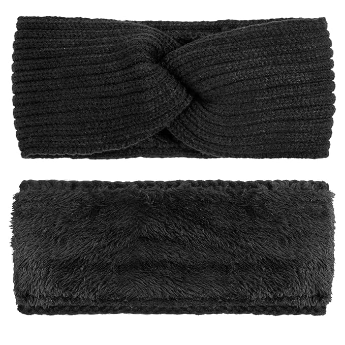 AQOKKA Knit Winter Headbands for Women Fuzzy Wool Fleece Lined Ear Warmers Elastic Turban Crocheted Head Wrap Winter Accessories for Women Cold Weather