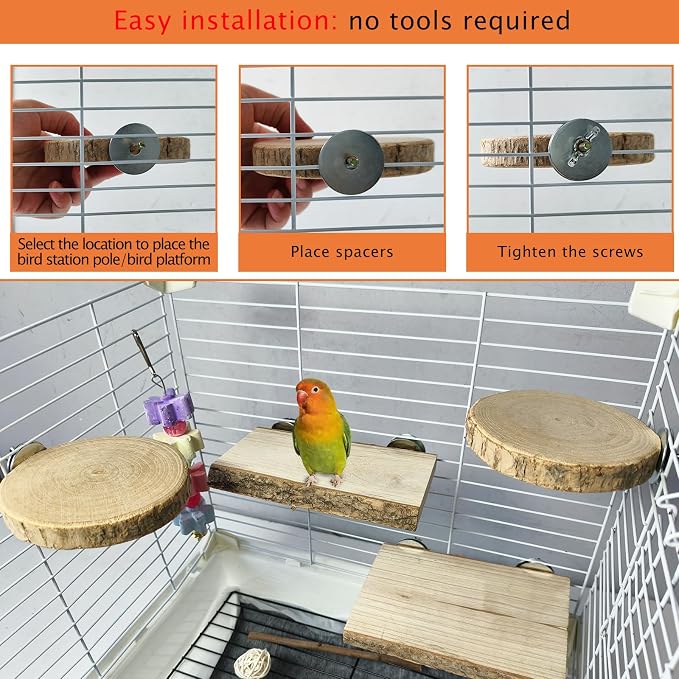 4PCS 5.5×6.1 in &3.9 in Nature Bird Perch Stand Wooden Platforms Set | Rectangular & Round Combined bird platform, Cockatiel Cage Accessories, Grinding Beaks Claw Bird Toys for Parakeet Lovebird