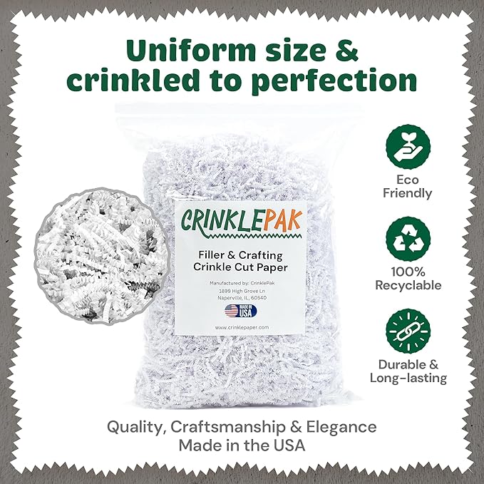1LB USA Made White Crinkle Paper Filler | Great Shredded Paper For Gift Baskets, Shipping Packages, Gift Box, Basket Filler, Birthdays, Weddings, Anniversaries | White Crinkle