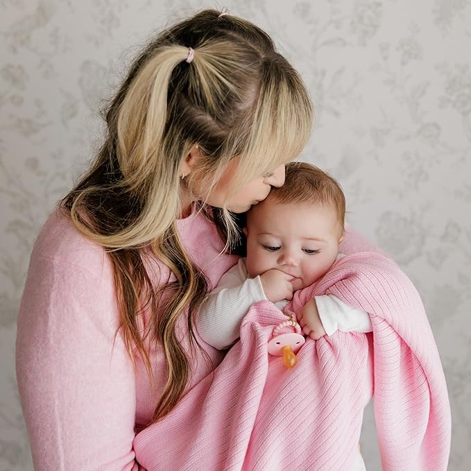 Organic Ribbed Swaddle Blanket for Boys & Girls - 100% Luxury Organic Soft Cotton Knit Warm Cozy Cuddle Stroller Blanket for Newborns, Infants, & Toddlers (Blush Pink)