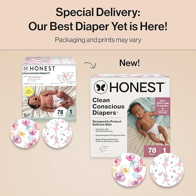 The Honest Company Clean Conscious Diapers for Delicate Skin Up to 100% Leakproof Hypoallergenic Fragrance-Free Baby Girl Prints Club Box Size 1 (8–14 lbs) 78 Count (Prints May
