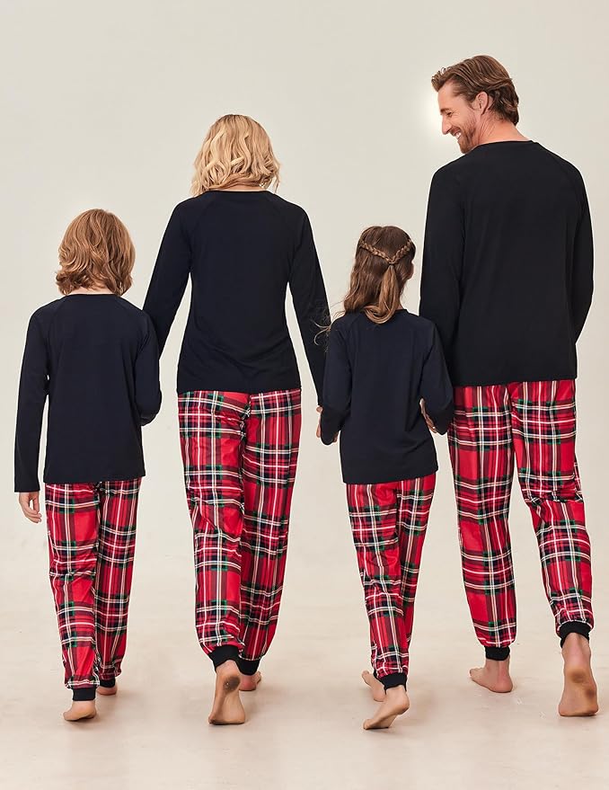 Ekouaer Family Matching Pajamas Christmas Sleepwear Long Sleeve Sleep Shirt with Plaid Pants Soft Loungewear Pjs Set S-XXL