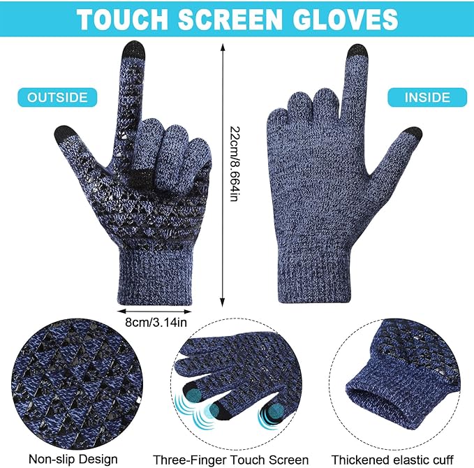 Winter Fleece Lined Beanie Hat Scarf Sock Touchscreen Gloves Set for Men Women