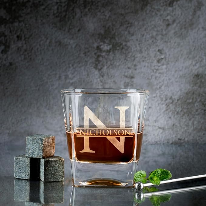 Amazing Items Set of 4 - Personalized Whiskey Glasses w/Name & Initial - 9 Designs - 9 oz, Limited Edition Monogrammed Rocks Glasses for Men, Dad Gifts