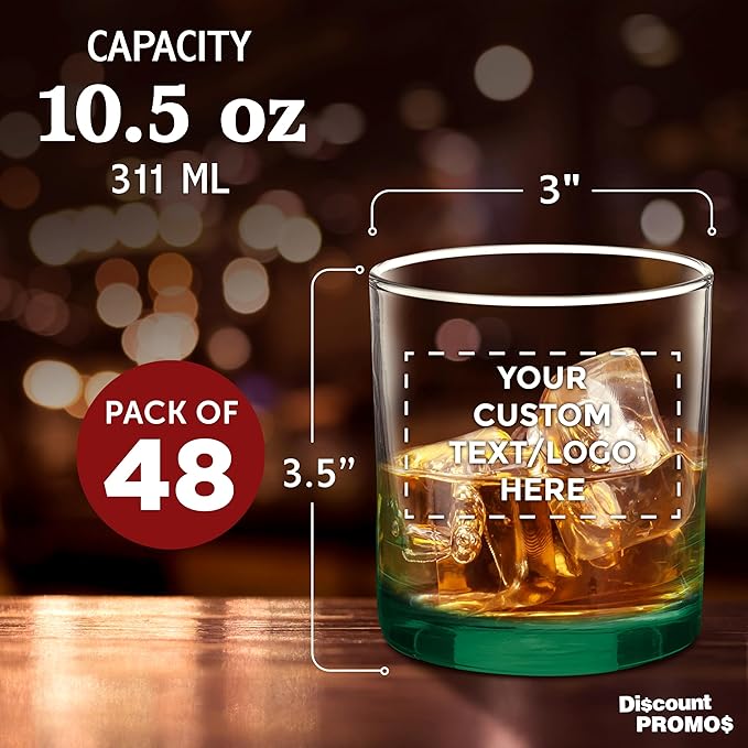 Custom Lexington Rocks Whiskey Glass 10.5 oz, Set of 48, Personalized Bulk Pack - Perfect for Scotch, Bourbon, Whiskey, Cocktail - Green