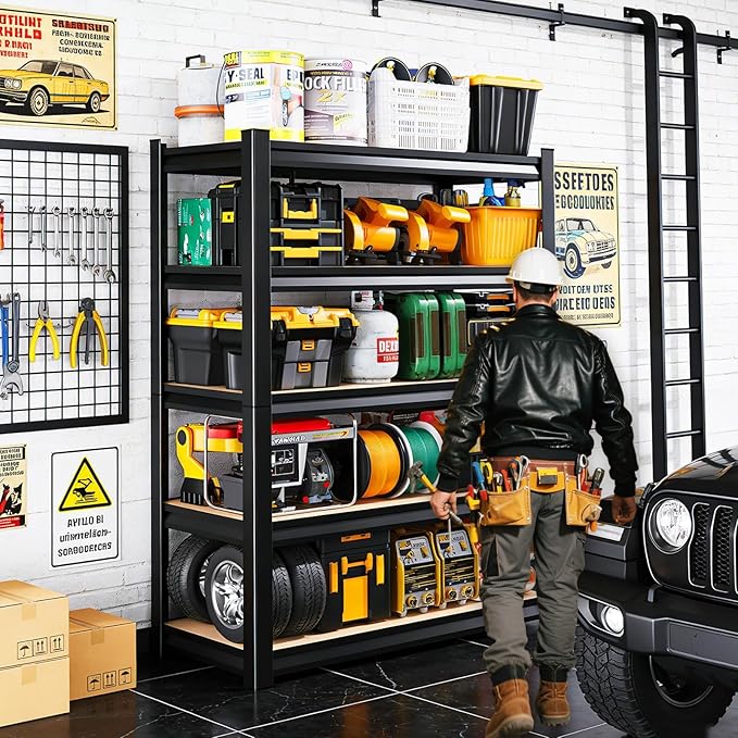 2000LBS Garage Shelving, Heavy Duty Garage Shelves, Adjustable Metal Shelving Unit, Easy Assembly Garage Storage Shelves, Storage Rack Shelf for Garage, Basement,72" H x 35.4" W x 15.7" D