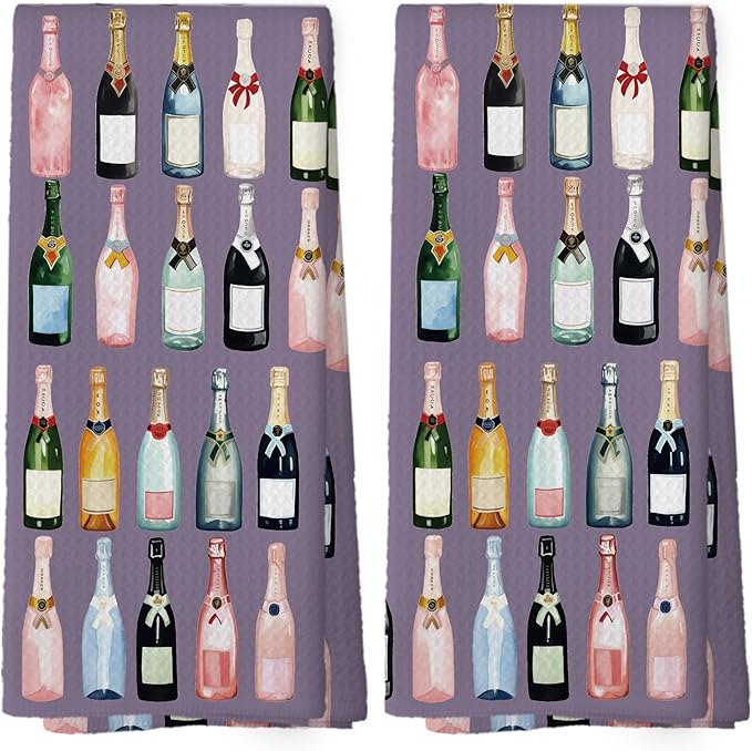 Purple Champagne Kitchen Towels Set of 2, Champagne Accessories Home Bar Bathroom Decor, Champagne Gifts for Women, Cocktail Gift Bachelorettes Decorative Tea Dish Towels 16x24 Inch