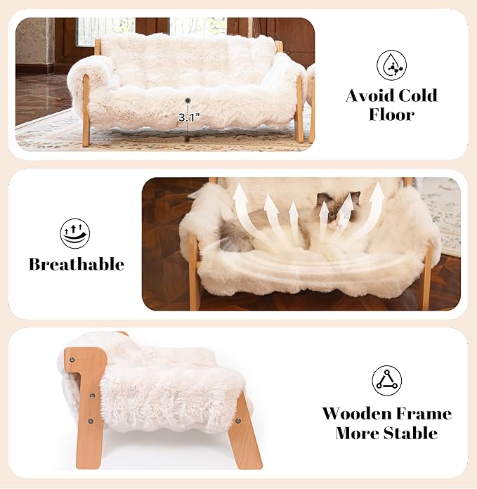 CHEERHOME PETS Elevated Cat Couch Bed Wooden Raised Kitty Sofa Lounge Chair | Washable Fluffy Cover Wooden Elevated Pet Furniture for Indoor Cats and Puppy(White)