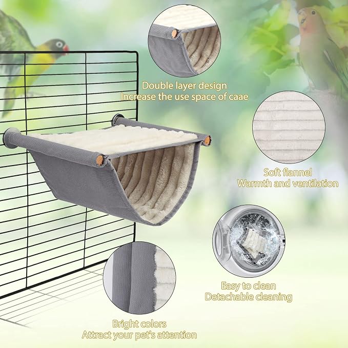BWOGUE Bird Nest Bed Hanging Hammock, Parakeet Bed for Cage, Cockatiel Bed | Warm Fleece Snuggle Hut, Double-Layer Comfort, Wooden Perch Setup, Washable Hammock