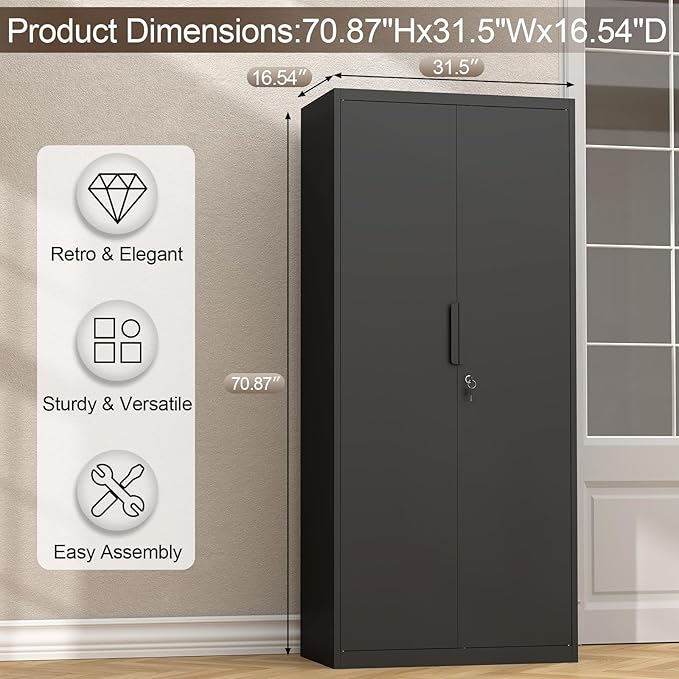 GREATMEET Metal Garage Storage Cabinets, 71" Tall Locking Cabinets with Doors and Shelves, Utility Cabinet with Lock for Garage, Home, Black