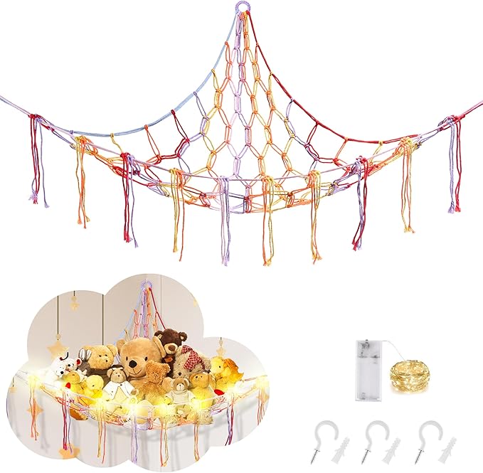 CERETIA Stuffed Animal Hammock with LED Light, Large Stuffed Animals Storage Corner Plushie Net for Kids Room Decor, Jumbo Rainbow