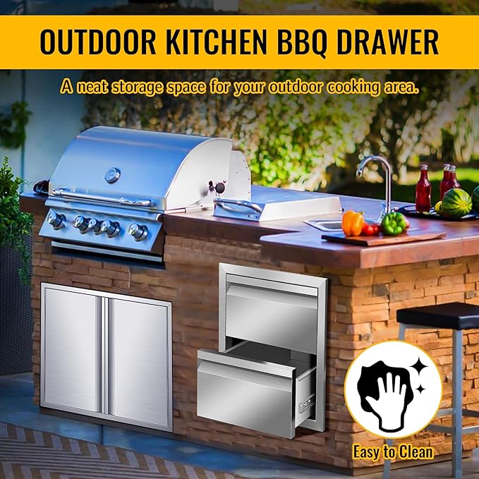 Outdoor Kitchen Drawers Stainless Steel 14W X 15H X 23D Inch, Flush Mount Double BBQ Island Drawers with Hidden Handle for Outdoor Kitchens, Patio or Grill Station