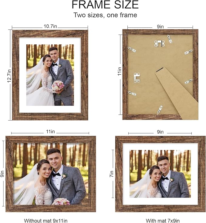 9x11 Picture Frame Set of 4, Made of Real Glass and Rustic Brown Frame - Display Picture 7x9 with Mat or 9x11 Without Mat, 9 by 11 Photo for Wall or Tabletop