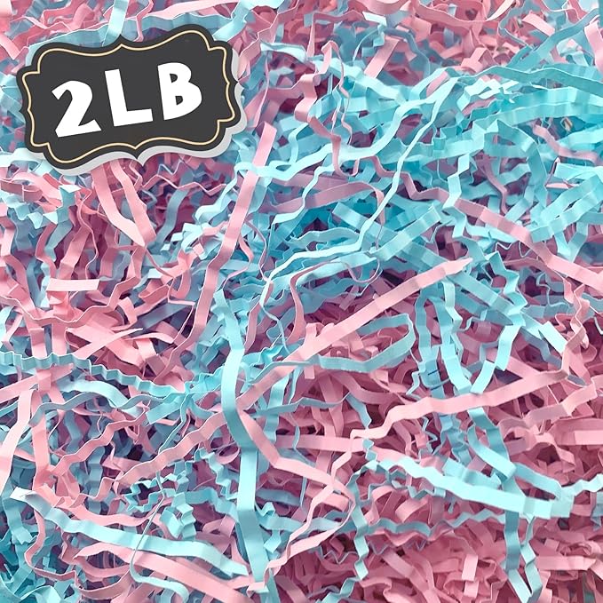 ZEBMOON 2 LB Pink Blue Crinkle Cut Paper Shred Filler Great for Gift Wrapping, Basket Filling, Birthday, Wedding, Halloween, Thanksgiving, Christmas Day, New Year Party Decorations Filling Supplies