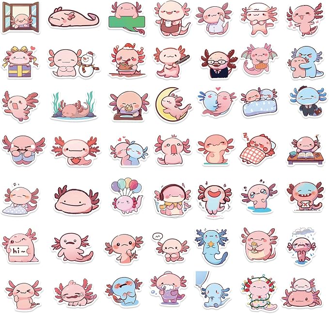 50Pcs Axolotl Sticker, Cute Salamander Stickers for Kids Teens Adults, Vinyl Cartoon Pink Animals Decals Kawaii Axolotls Sticker for Decor Water Bottles Laptops Guitar Scrapbook (Axolotl)