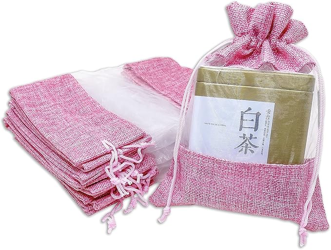 12-Pack Large Linen Burlap & Organza Gift Bags w. Drawstrings (6.5x8.5 in, Pink) - Party Favors, Presents, Samples & Treats Mesh Pouch by The Display Guys