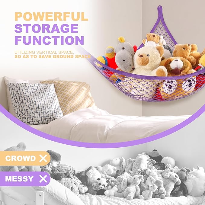 Stuffed Animal Net Hammock for Plushie Toys, Stuffed Animal Hammock Corner for Kids' Room Decor, Ideas for Organizing Stuffy Collection, 1 Pack, Purple