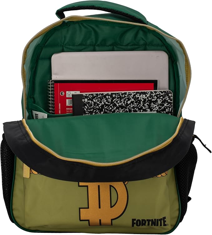 Fortnite Big Dill Backpack for Boys & Girls, 16 Inch Nylon Twill Big Face Schoolbag withMetal Fortnite Zipper Pull, Green