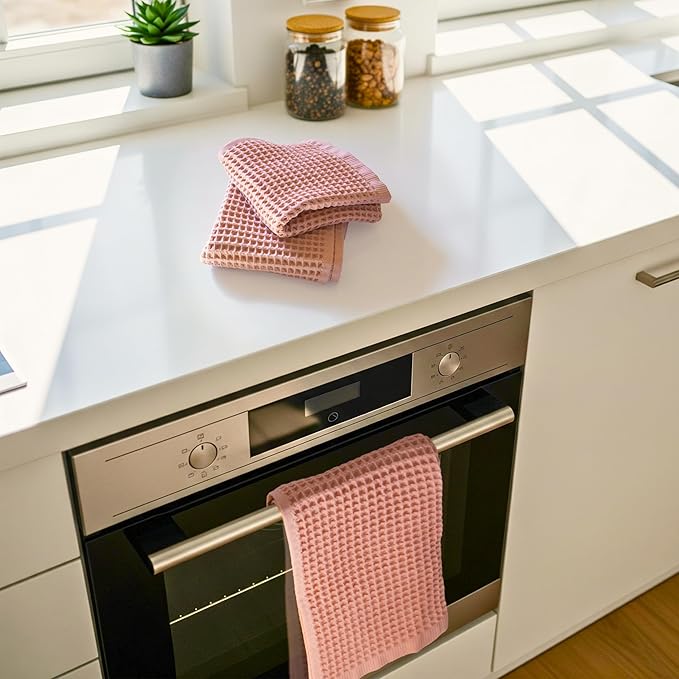 PÜSKÜL - Set of 3 Organic Waffle Hand Towel Pink - Premium Quality, 100% Turkish Cotton, Soft, Quick-Dry, Absorbent, Lint-Free Face Kitchen Hand Towels (Pink Powder, Hand Towels - Pack of 3)