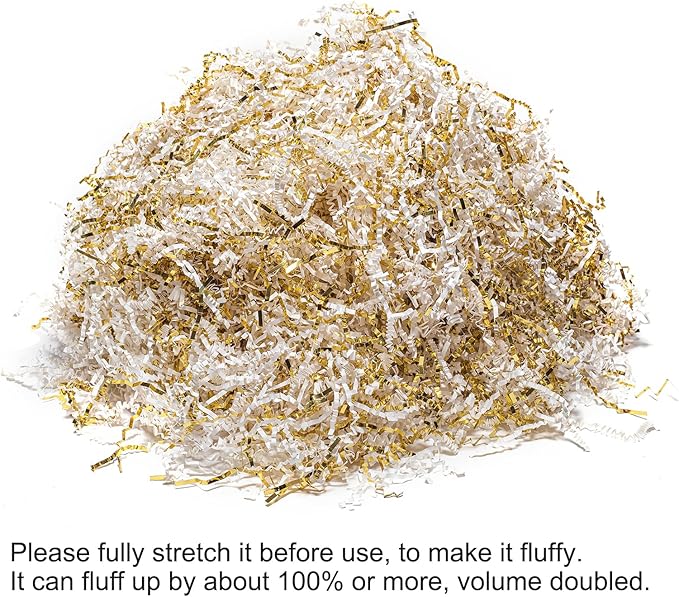 Mefleet 1/2 LB Crinkle Cut Paper Shred Filler 8 oz White & Gold Crinkle Shredded Paper for Gift Box - Gift Basket Bag Filler - Grass Cushion Stuffing for Easter, Mother's day, Birthday Packaging Wrapping