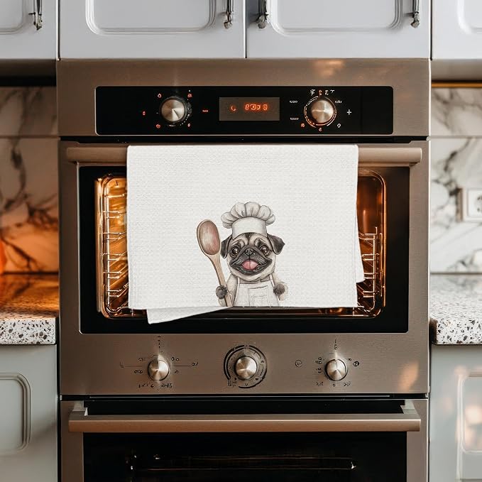 Funny Pug Chef Kitchen Towels, Gifts for Pug Lovers, Chef Gifts for Women Men, Funny Dog Decorative Dish Hand Tea Towels for Kitchen Bakery, 16x24 Inch