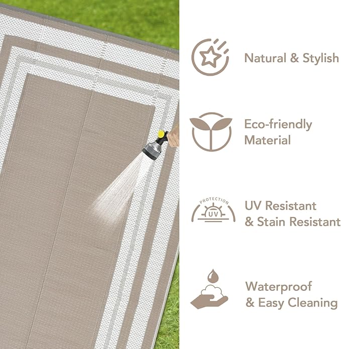 Patio Modern Border Outdoor Rug 10x14 Waterproof Large Reversible Camping Mat Foldable Lightweight Plastic Straw Outdoor Rug for Deck, Picnic, Porch, Camper, Balcony, Beach, Rv，Light Brown