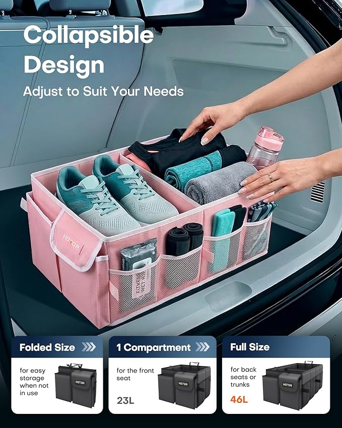HOTOR Foldable Trunk Organizer - SUV & Sedan Compatible, 2 Compartments, Pink, 23.6"14.2"10.6" Sturdy Car Organization for Accessories, Tools, Sundries
