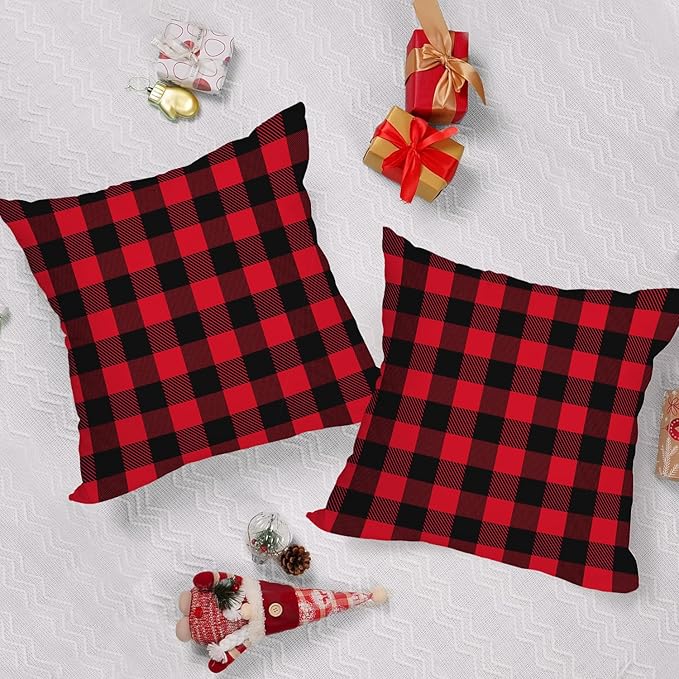 Fukeen 2 Pack Waterproof Outdoor Christmas Pillow Covers 20x20 Inch Red and Black Buffalo Plaids Checked Throw Pillow Cases New Year Winter Farmhouse Decorations Cushion Cover Double Sided