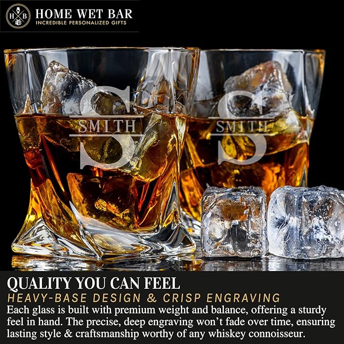 Personalized Whiskey Glasses – Custom Engraved Twist Whiskey Glass Set of 4 & Display Case with Whisky Stones by Home Wet Bar