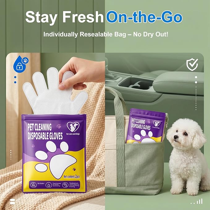 Pet Cleaning Glove Wipes, Plant-Based, Hypoallergenic | No dyes, bath alternative for water-shy dogs, cats, ferrets, guinea pigs; 10x9 inch, 10 pcs travel or daily use