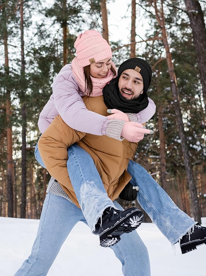 Winter Beanie Hat Scarf Gloves, Warm Fleece Knit Hats Touch Screen Gloves Neck Scarf Set Winter Gifts for Unisex Adult