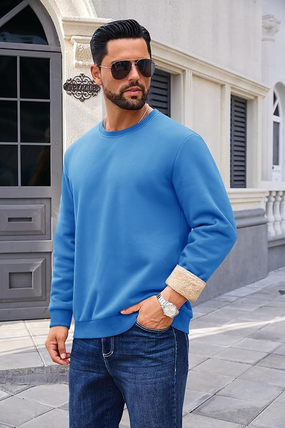 Boladeci Men's Full Sherpa Lined Crewneck Sweatshirts Heavy-weight Fleece Pullover Thick Thermal Long Sleeve Cotton