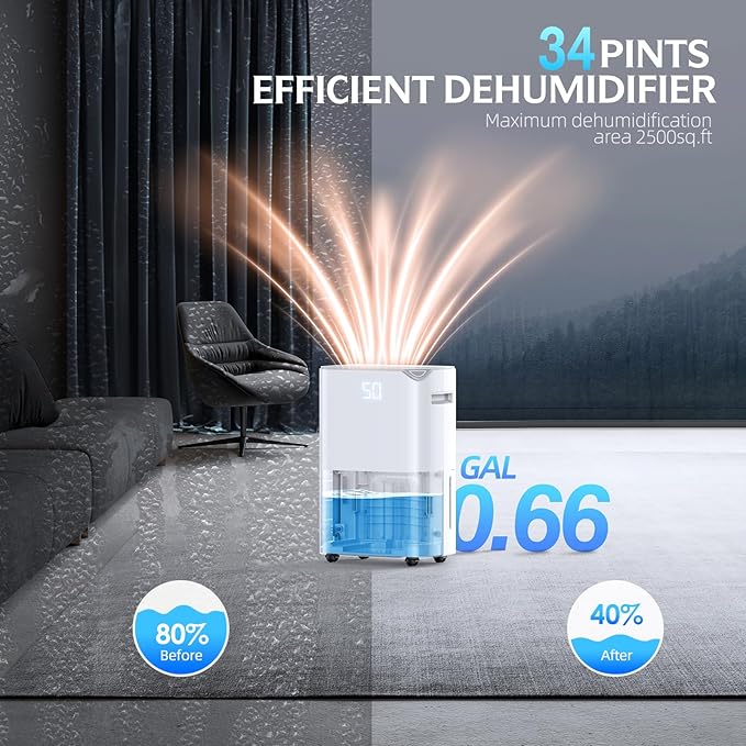 2500 Sq.Ft Smart Compressor Dehumidifiers for Home, Basement Bedroom,Bathroom, 34 Pints Energy Star, Auto or Manual Drainage, with Drain Hose,Continuous Drainage, Auto Defrost, 24H Timer