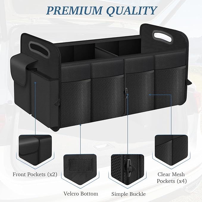 Trunk Organizer, Collapsible Waterproof car Trunk Organizer for SUVs & Sedans, Car Storage Organizers with Reinforced Handles, Car Accessories for Women and Men, 2 Compartments, 52L, Black