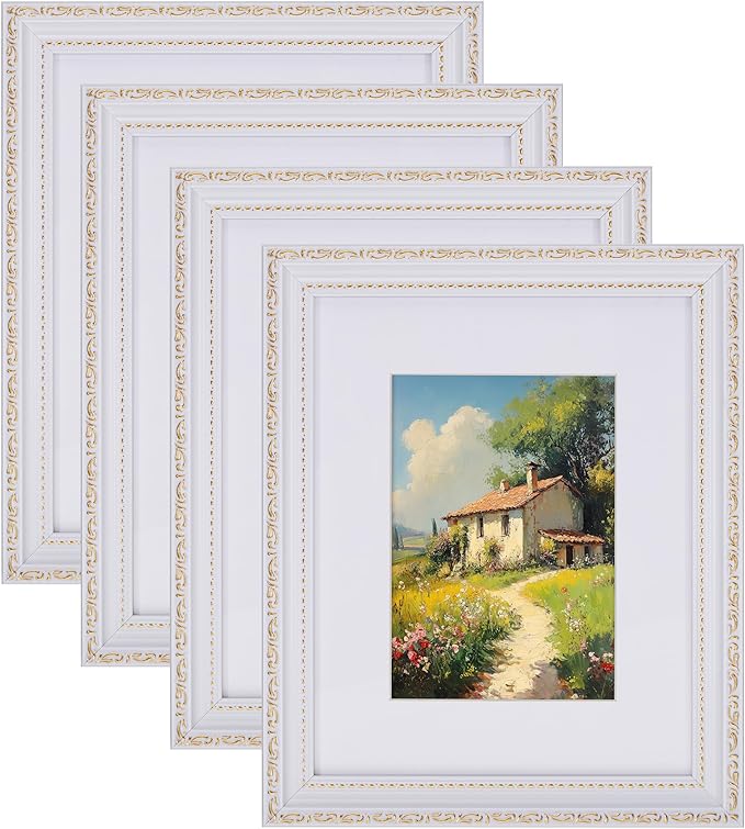 eletecpro 8x10 Picture Frames Set of 4, Vintage 8 x 10 Photo Frames with Glass, Display 5x7 Photo with Mat or 8x10 without Mat for Tabletop or Wall Decor, White