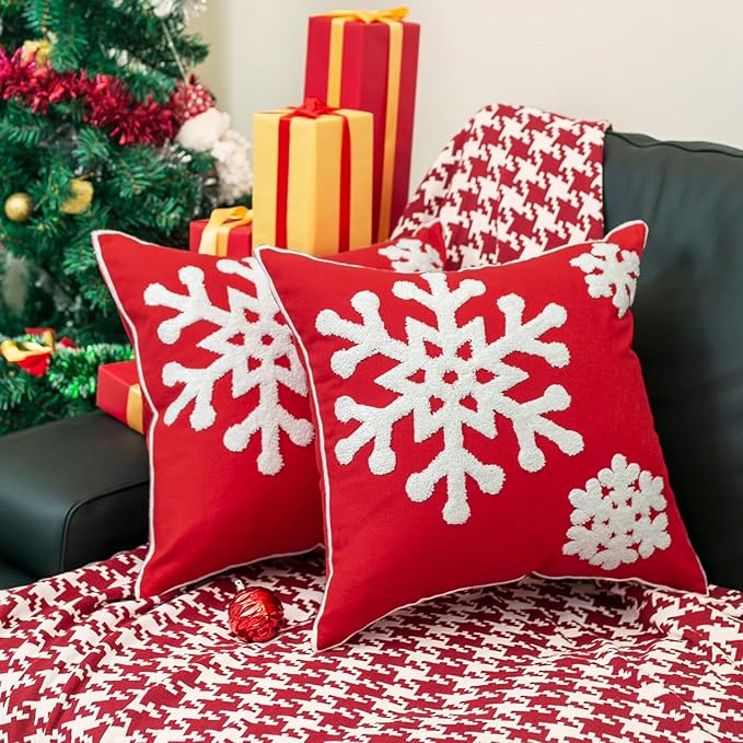 Elife Soft Square Christmas Snowflake Home Decorative Canvas Cotton Embroidery Throw Pillow Covers 18x18 Cushion Covers Pillowcases for Sofa Bed Chair (1 Pair, Red)
