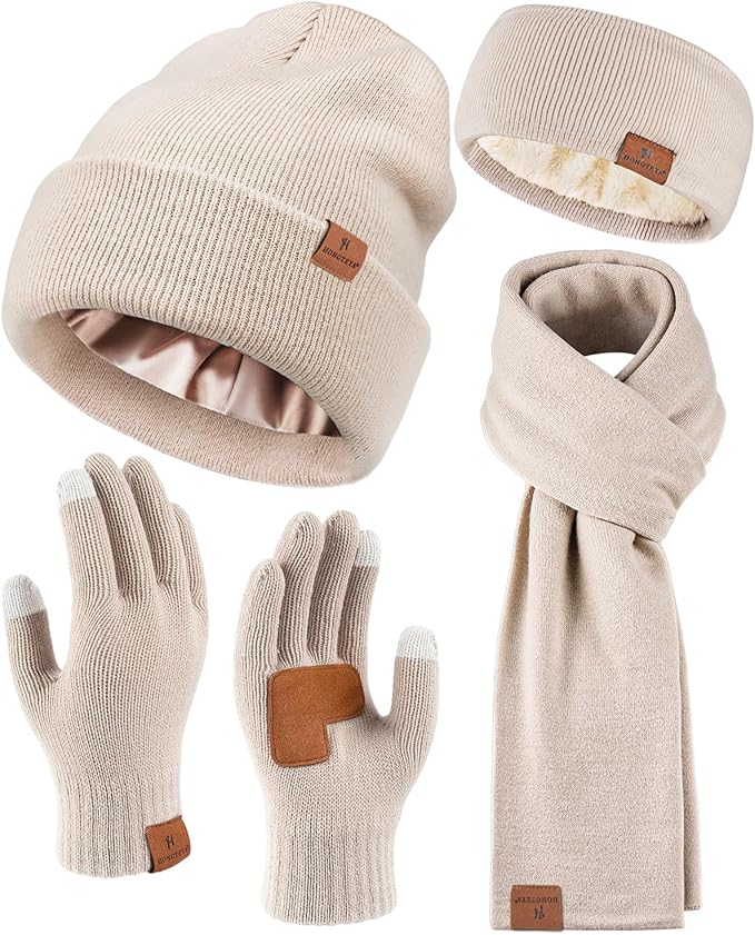 Womens Winter Warm Beanie Hats Gloves Scarf Headband Set Fleece Lined Ear Warmer Knit Scarf Touchscreen Gloves Winter Gifts
