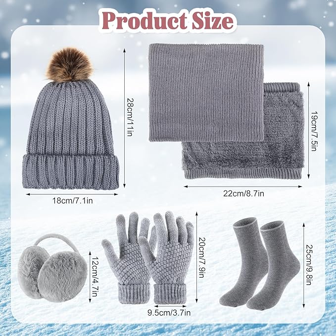 SATINIOR 5 Pcs Winter Hat Scarf Gloves Set Fleece Warm Lined Knit Beanie Hat Touch Screen Earmuff Gloves Warmer for Women(Gray,Cool Style)