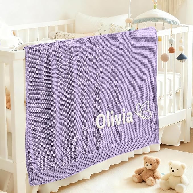 Personalized Baby Blanket with Name - Custom Embroidered Knitted Swaddle Receiving Blanket, 30x40 Inch, Soft Organic Cotton, Unique for Newborn, Birthday, Christmas
