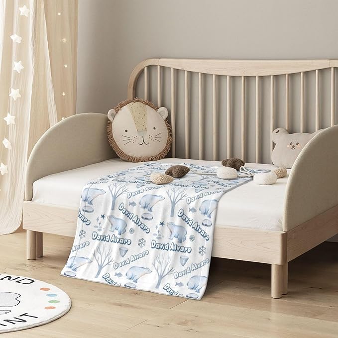 Ship Next Day Personalized Baby Blanket, Printed in USA - Custom Name Toddler Blanket with Polar Bears Pattern, Personalized