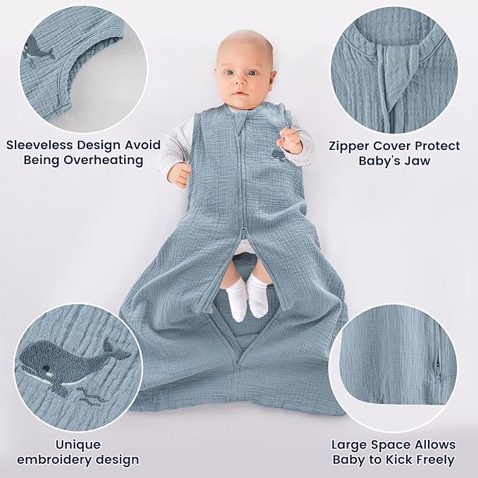PHF 100% Muslin Cotton Baby Sleep Sack, 12-18 Months Baby Wearable Blanket with 2-Way Zipper, 2 Pack Soft Breathable Cooling 0.5 TOG Large Size Sleeveless Sleeping Bag for Boys/Girls, Mermaid