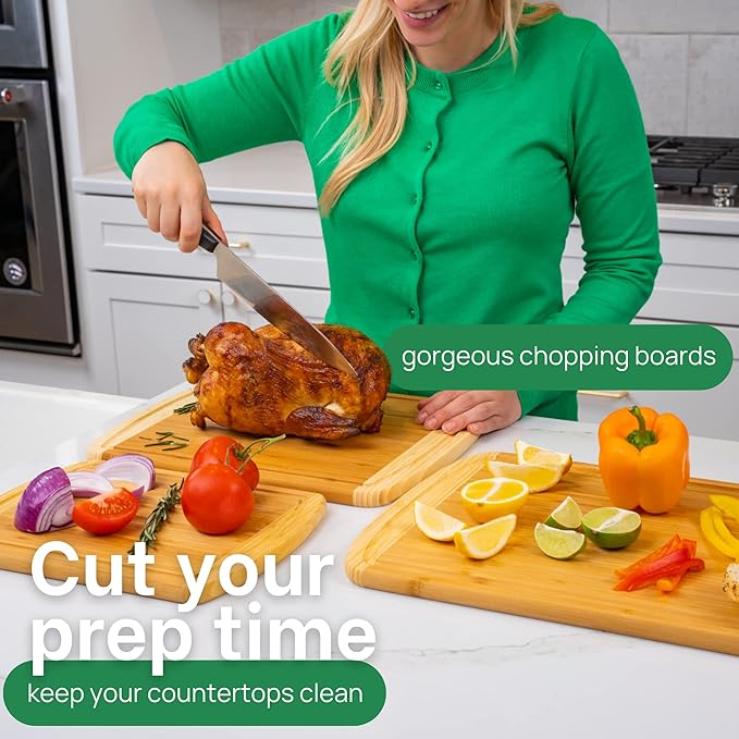Organic Extra Large Bamboo Cutting Board Set of 3 with Lifetime Replacements – Premium Wooden Kitchen Boards for Chopping, Carving & Serving, Non-Toxic & Durable – by Greener Chef