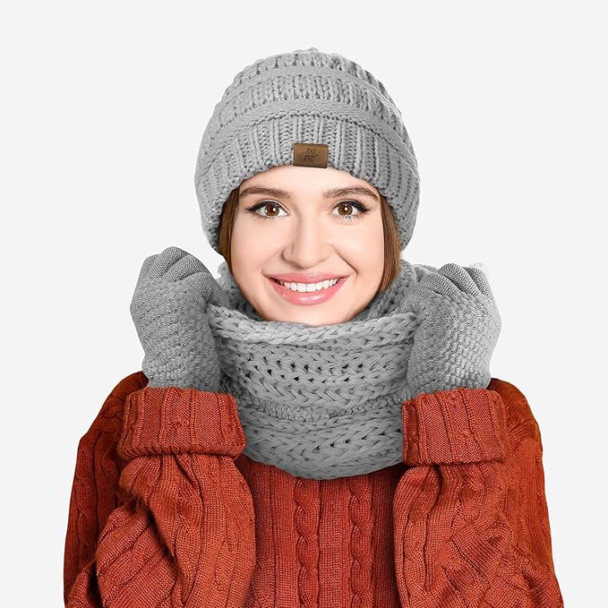 Winter Beanie Hat Scarf Gloves Set, Winter Clothes for Women, Fleece Lined Hats Touchscreen Gloves Thick Neck Warmer