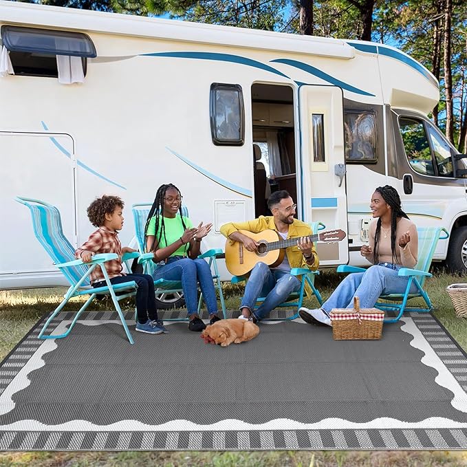 Outdoor Rug 8x10 Waterproof Patio Rugs Scalloped Border Reversible Mat for Front Door Rv Foldable Plastic Straw Carpet for Travel Trailers, Deck, Picnic, Porch, Camper, Balcony, Beach，Grey