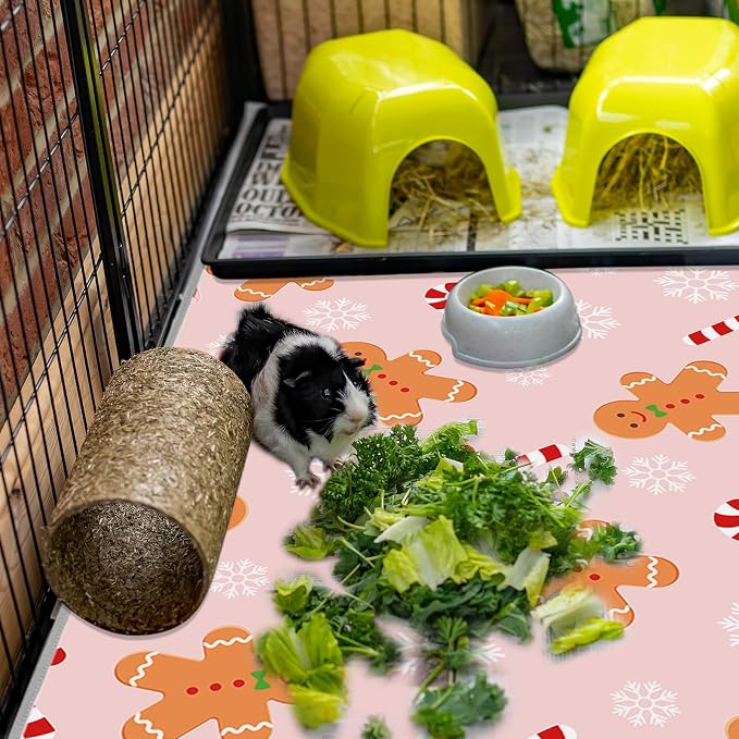 JarThenaAMCS 3 Pcs Christmas Guinea Pig Pee Pads Reusable Bunny Squirrel Mat Pink Candy Cane Gingerbread Man Washable Small Animal Cage Liner for Hamster Chinchilla Ferret Accessory, 24 x 47 in