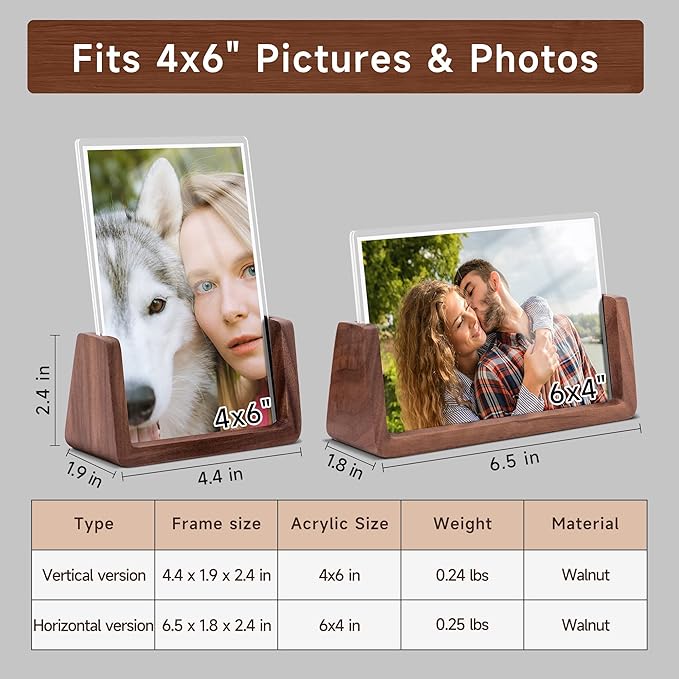4x6 Picture Frame - 2 Pack, Rustic Wooden Photo Frame with Walnut Wood Base and High Definition Acrylic Glass Covers for Tabletop or Desktop Display (4x6 inch, Horizontal + Vertical)