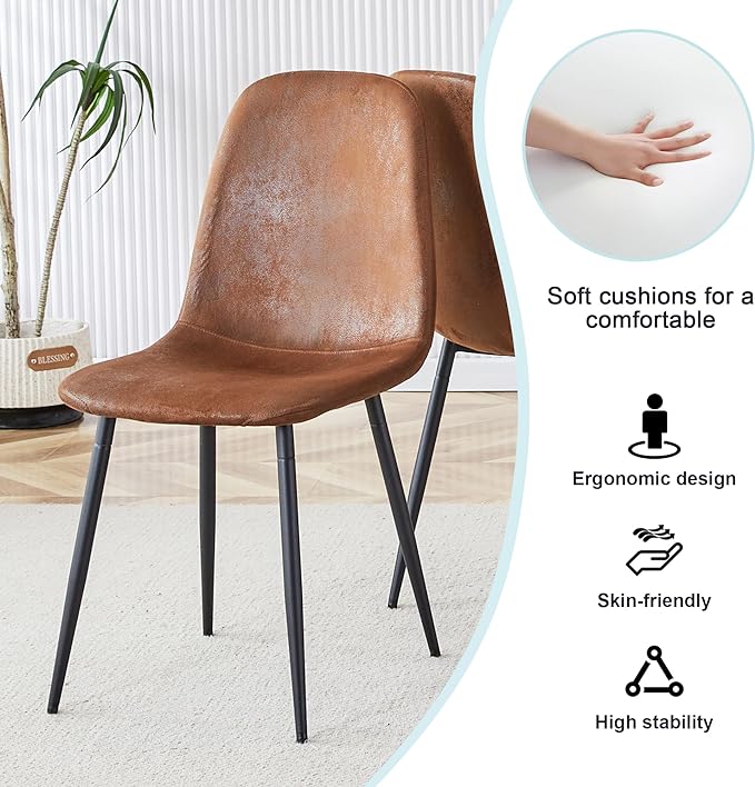 Modern Round Dining Table & Chairs Set for 4, 42" Wood Table with Upholstered Brown PU Leather Chairs for Kitchen, Dining Room & Small Spaces