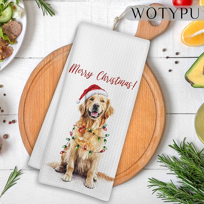 Golden Retriever Christmas Kitchen Towels, Golden Retriever Gifts for Women Men Dish Tea Towels, Dog Lover Gifts Decorative Hand Towel for Bathroom, Christmas Bathroom Decor, 16X24 Inch